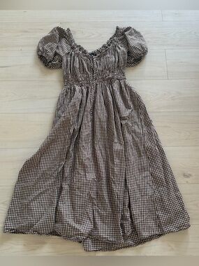 Elodie The Label Brown Gingham Puff-Sleeve Midi Dress Large